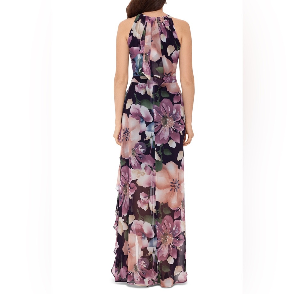Betsy and Adam Floral Ruffle Slit Chiffon Halter Gown In Wine Rose Chiffon Maxi - Picture 3 of 16